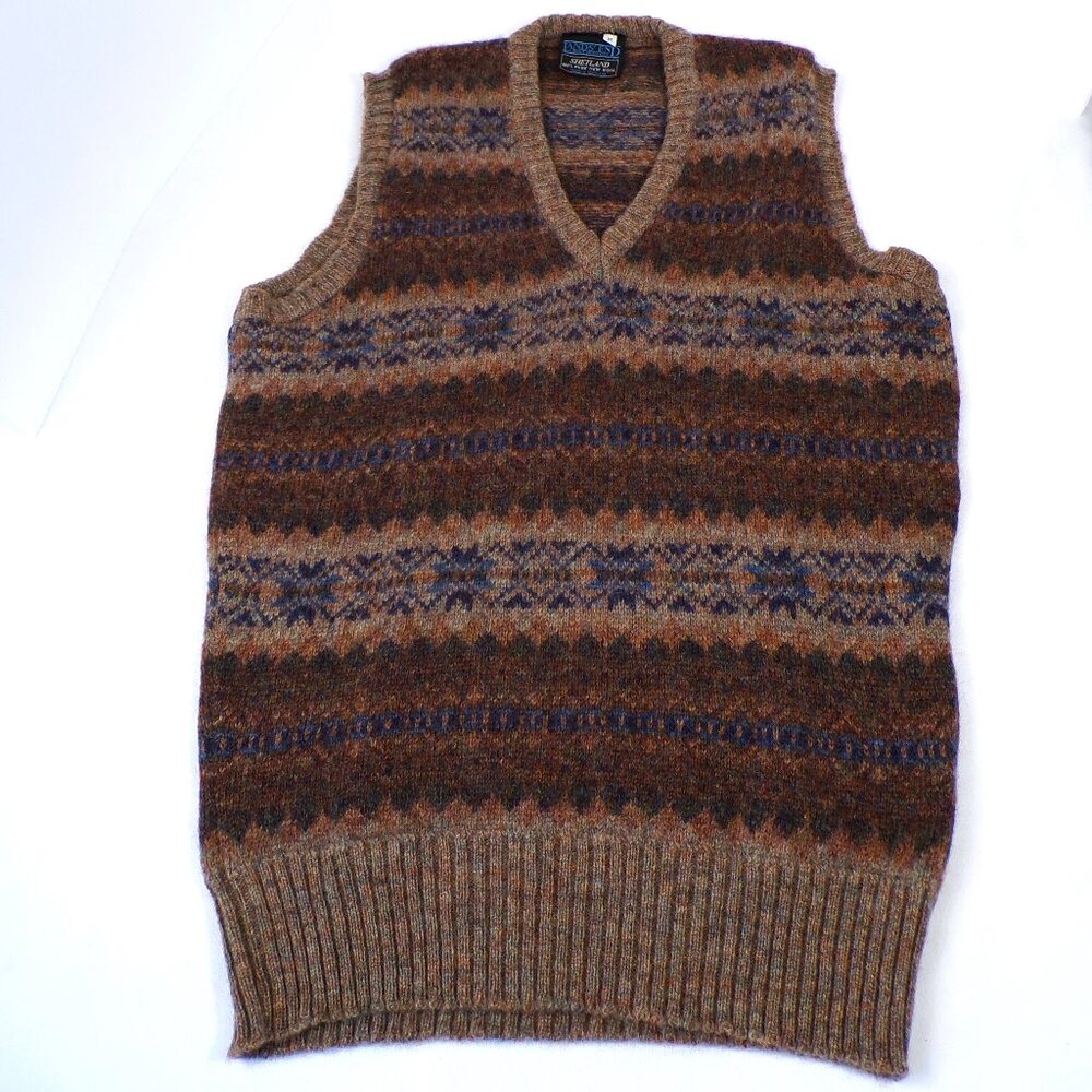 Vintage Lands' End Fair Isle Shetland Wool Vest Made in Scotland M - No Pilling,